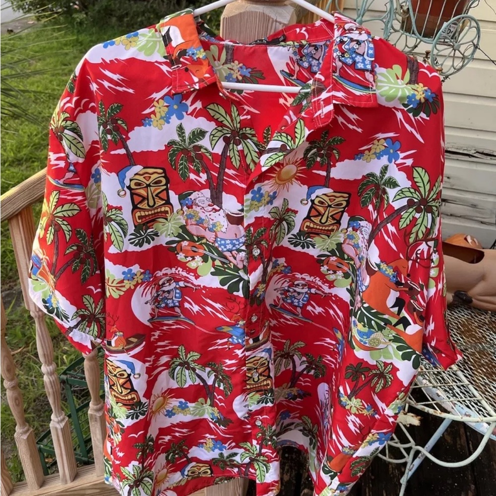 SSLR Christmas Hawaiian Shirt 4XL Button Down Santa Reindeer Tiki Red Green Mens